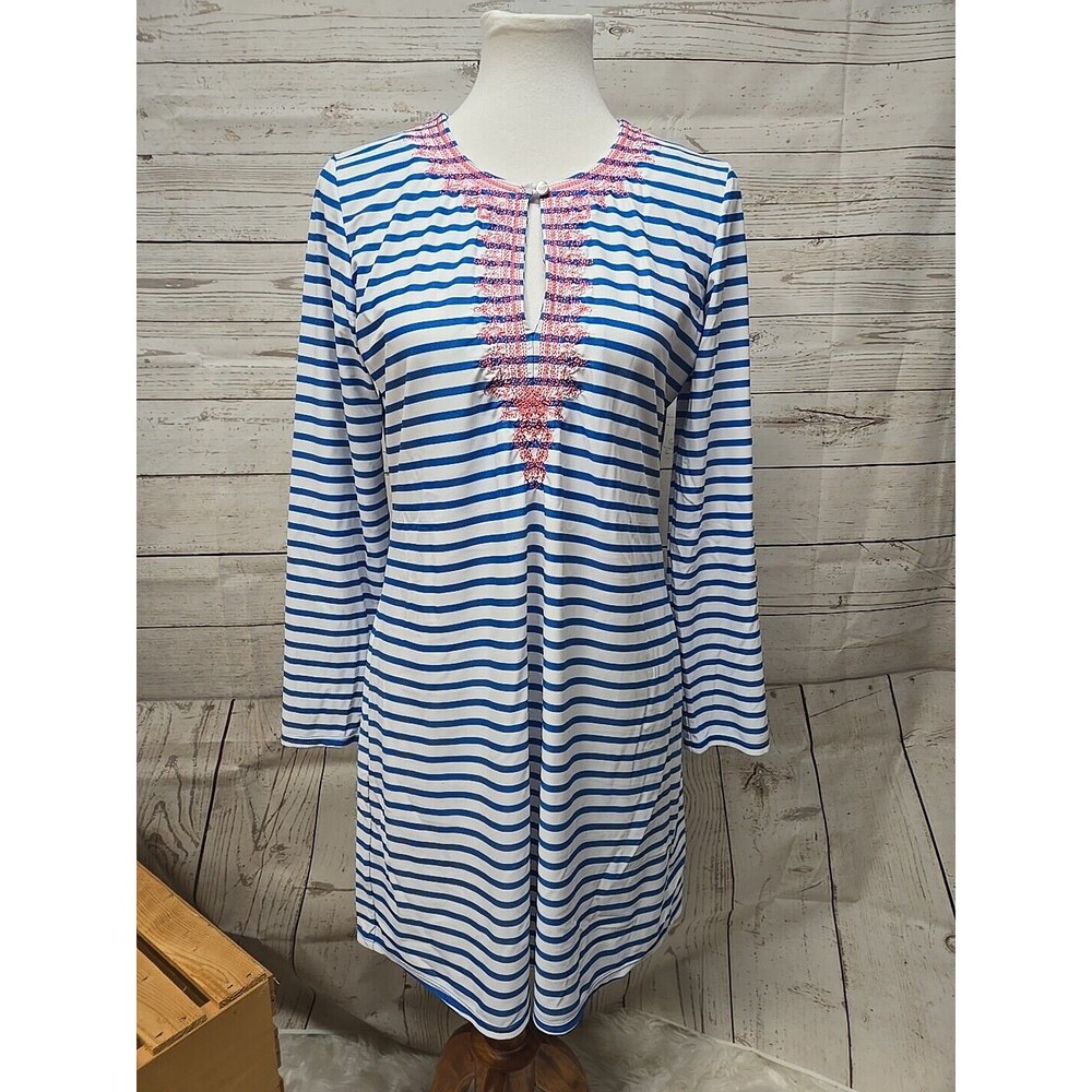 Cabana Life Women's M Knee Length Dress Long Sleeve Sun Protectant‎ Blue Stripes